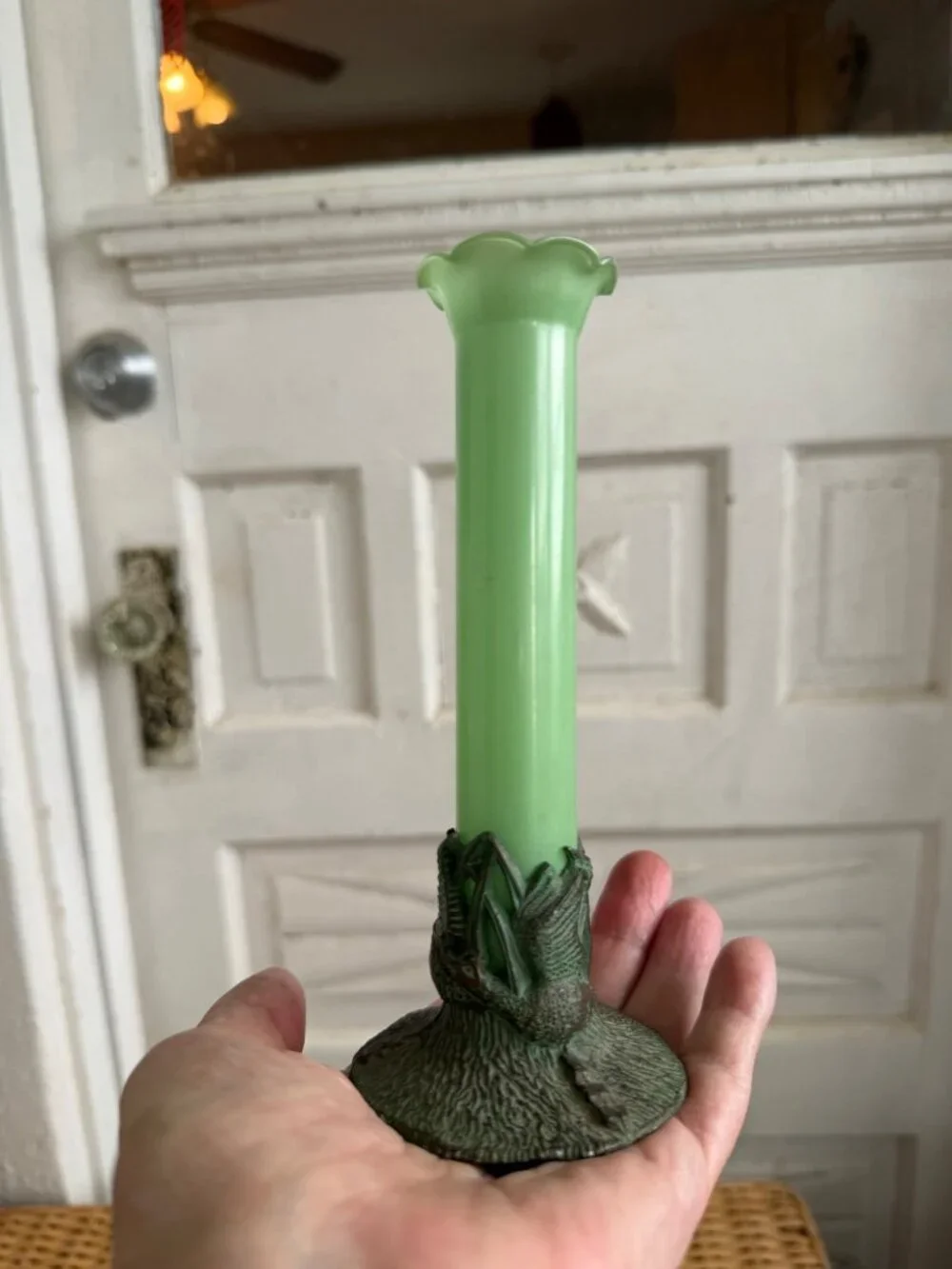 Antique 1910s Nouveau Green Opaline Glass Trumpet Bud Vase Metal Base
